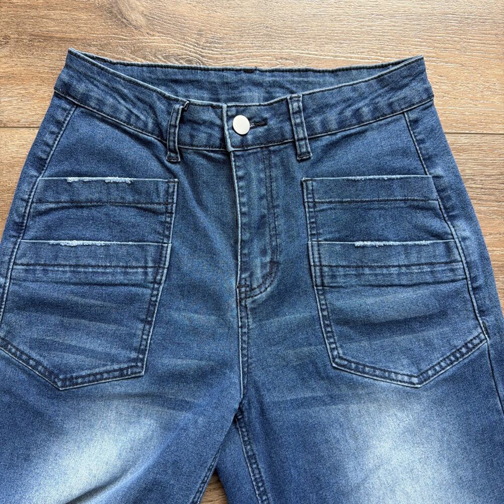 Women's Dark Blue Wide-Leg Jeans HIgh Waist Y2K Denim Streetwear Baggy Size Med - Picture 9 of 11